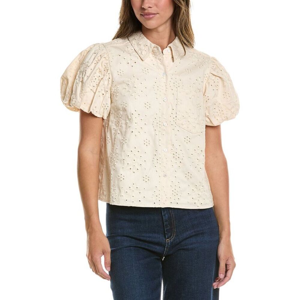 Cece Womens  Bubble Sleeve Collared Top, White